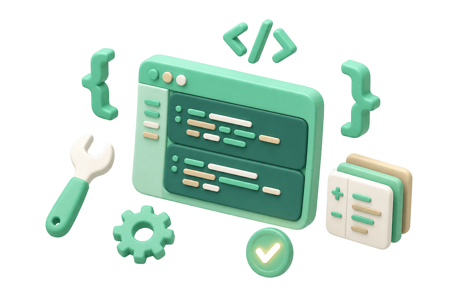 Visualisierung eines Coding-Bots: Editor-Fenster mit Code-Linien, geschweifte Klammern, Schraubenschlüssel und Zahnrad als Symbole für Entwicklung.